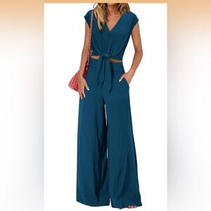 Elegant Teal Wide-Leg two piece suit